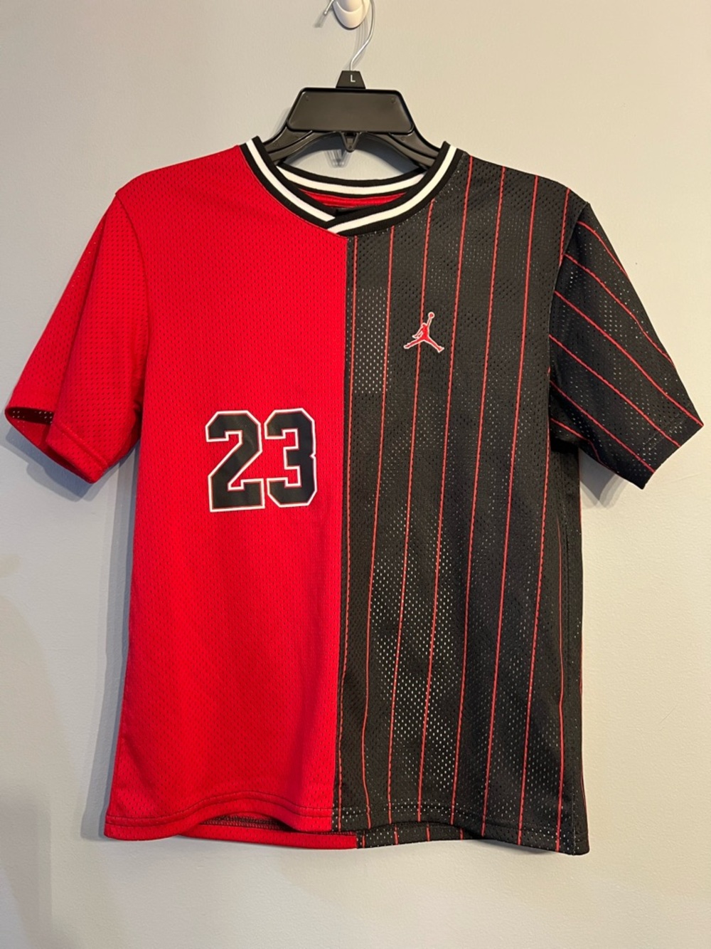 Jordan Boys Red and Black Split Pinstripe Basketball Jersey with 23